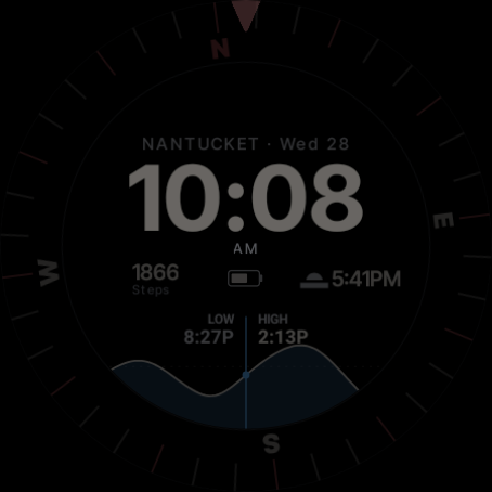 The dial in always-on mode: black ground, dimmed card, time, slots and tide