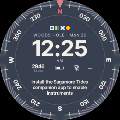 The watch face without the app, showing the install message in place of the tide chart
